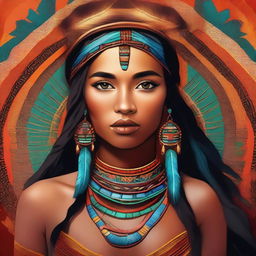 Create a dazzling digital art piece featuring a 20-year-old Native woman