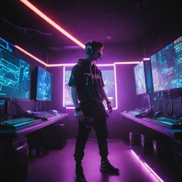 An e-sports player operating in an electropunk landscape, clad in neon-lit attire, manipulating high-voltage gaming devices, and standing amidst a vibrant, energy-charged gaming stage.