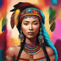 Create a dazzling digital art piece featuring a 20-year-old Native woman