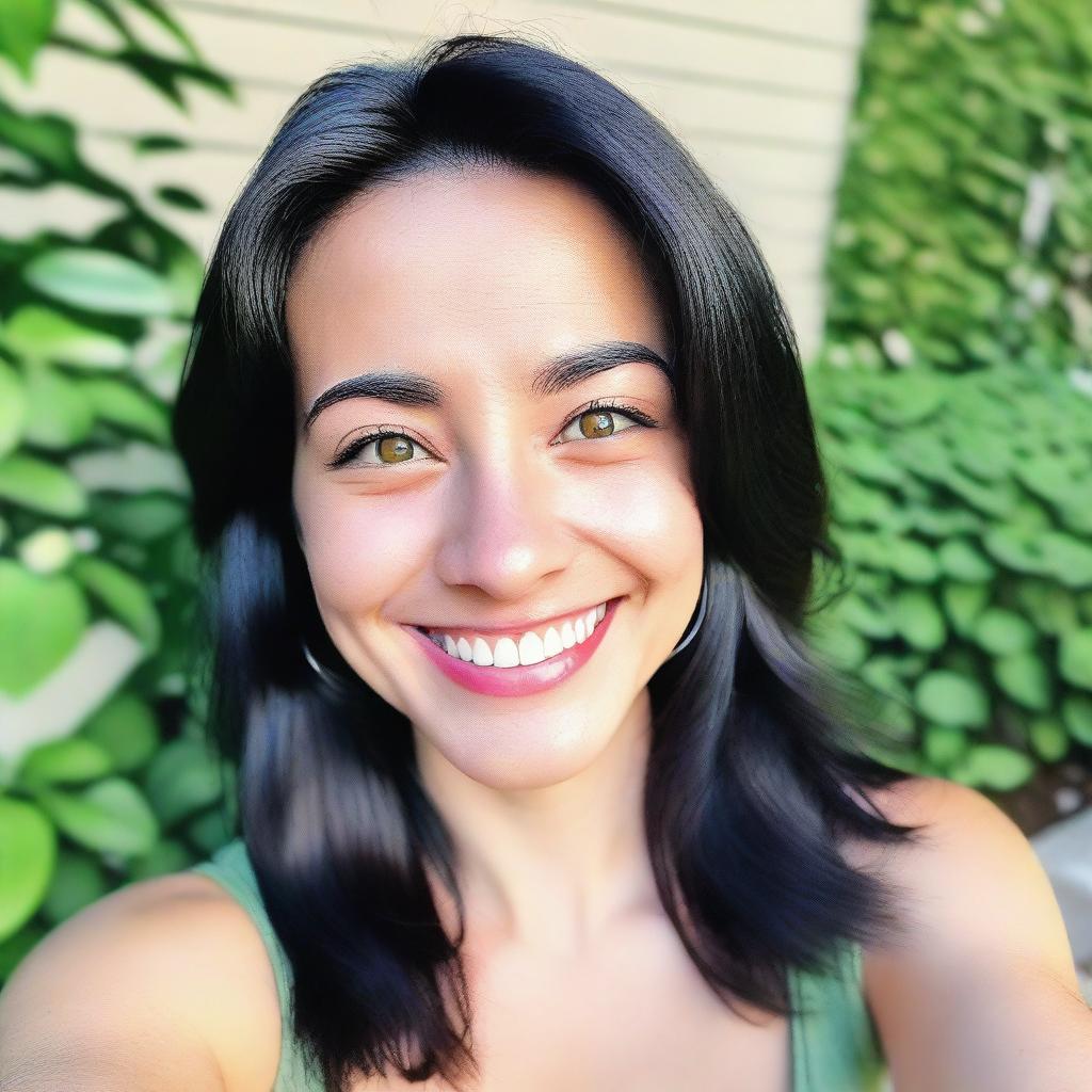 A selfie of a person with black hair, green eyes, and a bright smile