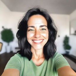 A selfie of a person with black hair, green eyes, and a bright smile