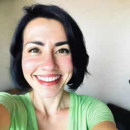 A selfie of a person with black hair, green eyes, and a bright smile