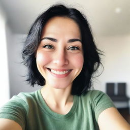 A selfie of a person with black hair, green eyes, and a bright smile