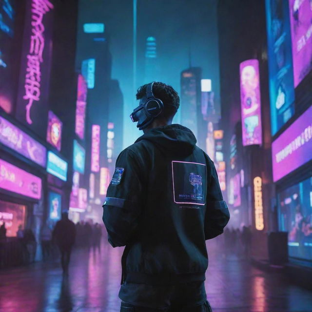 An e-sports player submerged within a cyberpunk universe, merging with neon-drenched high-tech gaming systems, augmented reality overlays, and immersed in a futuristic, cityscape gaming arena.