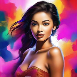 Create a dazzling digital art piece featuring a 20-year-old woman of mixed ethnicity, personifying sensuality