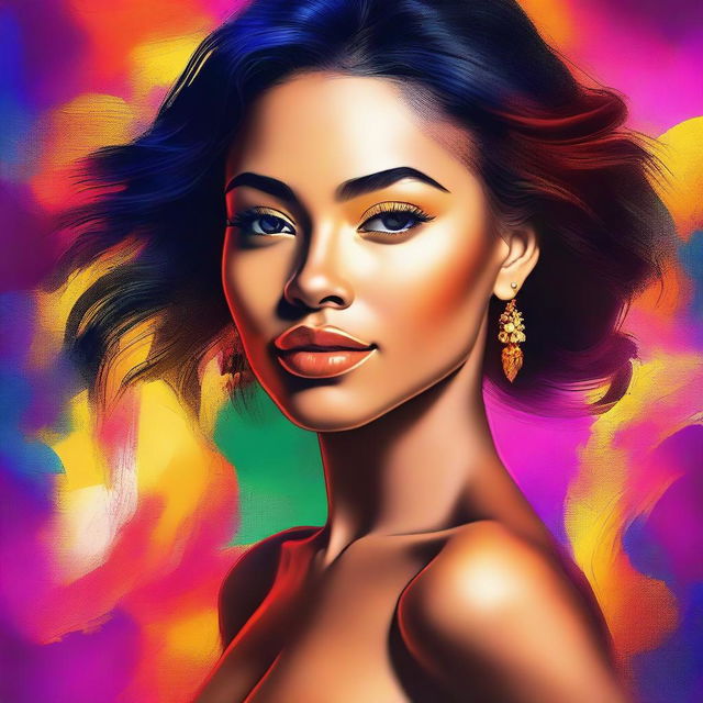 Create a dazzling digital art piece featuring a 20-year-old woman of mixed ethnicity, personifying sensuality