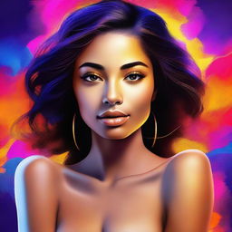 Create a dazzling digital art piece featuring a 20-year-old woman of mixed ethnicity, personifying sensuality