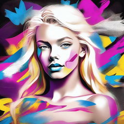 Create a dazzling digital art piece featuring a white blonde 20-year-old woman, personifying sexuality