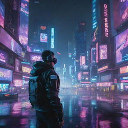 An e-sports player submerged within a cyberpunk universe, merging with neon-drenched high-tech gaming systems, augmented reality overlays, and immersed in a futuristic, cityscape gaming arena.