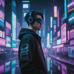 An e-sports player submerged within a cyberpunk universe, merging with neon-drenched high-tech gaming systems, augmented reality overlays, and immersed in a futuristic, cityscape gaming arena.