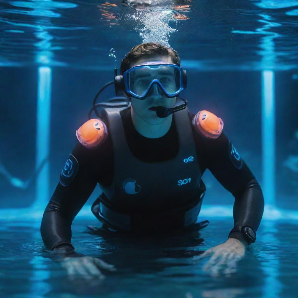 An e-sports player submerged in an aquapunk setting, employing bio-luminescent aquatic tech devices, fitted with underwater themed attire, and competing in a submerged, aquatic gaming zone.