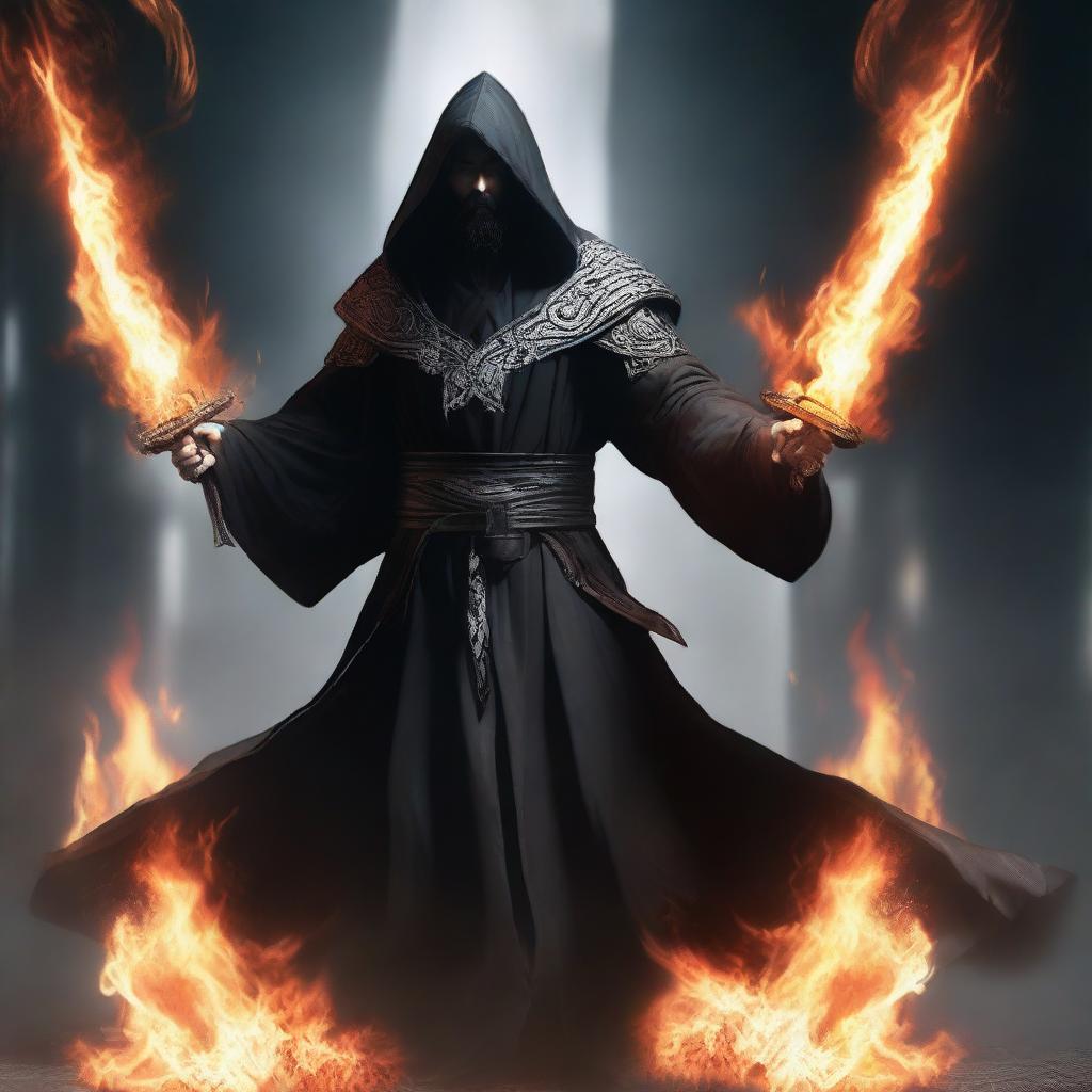 A man with black hair and a black beard, wearing a black robe with a white hood, standing in a powerful stance