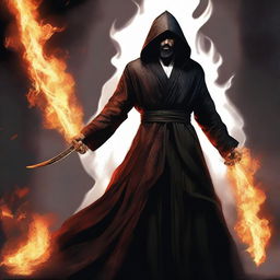 A man with black hair and a black beard, wearing a black robe with a white hood, standing in a powerful stance