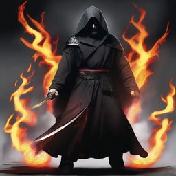 A man with black hair and a black beard, wearing a black robe with a white hood, standing in a powerful stance