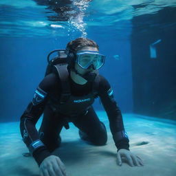 An e-sports player submerged in an aquapunk setting, employing bio-luminescent aquatic tech devices, fitted with underwater themed attire, and competing in a submerged, aquatic gaming zone.