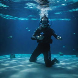 An e-sports player submerged in an aquapunk setting, employing bio-luminescent aquatic tech devices, fitted with underwater themed attire, and competing in a submerged, aquatic gaming zone.