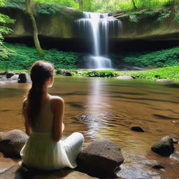 Uma pessoa contemplando a natureza perto de uma linda cachoeira