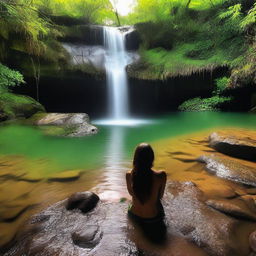 Uma pessoa contemplando a natureza perto de uma linda cachoeira