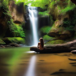 Uma pessoa contemplando a natureza perto de uma linda cachoeira