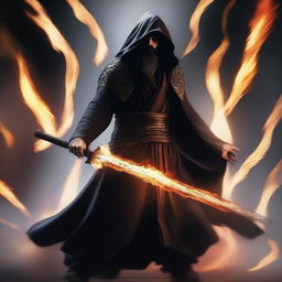 A man with black hair and a black beard, wearing a black robe with a white hood, standing in a powerful stance