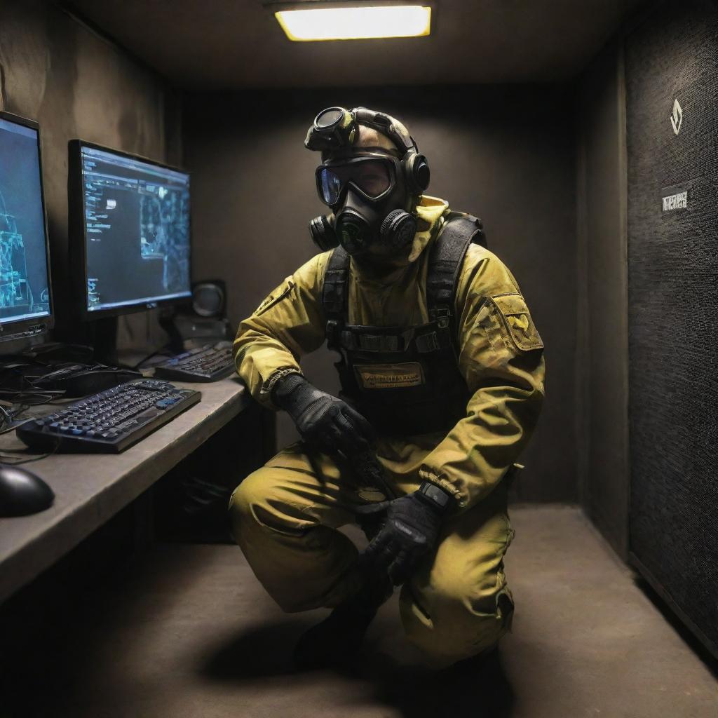 An e-sports player set in a nuclearpunk era, handling radioactive-emitting gaming gear, operating within a bunker-like gaming arena, outfitted in durable, radiation-protective gear.