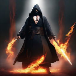 A man with black hair and a black beard, wearing a black robe with a white hood, standing in a powerful stance