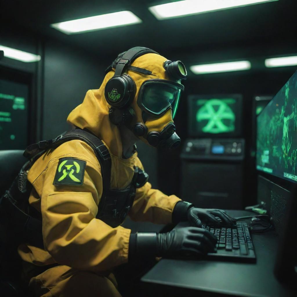 An e-sports player set in a nuclearpunk era, handling radioactive-emitting gaming gear, operating within a bunker-like gaming arena, outfitted in durable, radiation-protective gear.