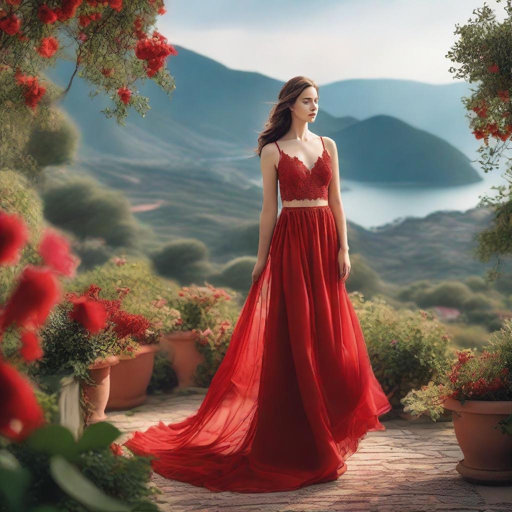 A person wearing a vibrant red dress stands gracefully in a picturesque setting, with a bra and panty visible