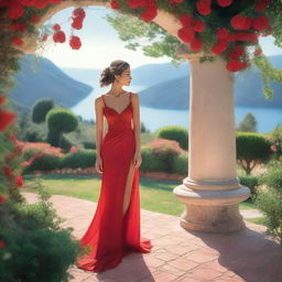 A person wearing a vibrant red dress stands gracefully in a picturesque setting, with a bra and panty visible