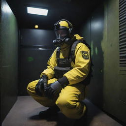 An e-sports player set in a nuclearpunk era, handling radioactive-emitting gaming gear, operating within a bunker-like gaming arena, outfitted in durable, radiation-protective gear.