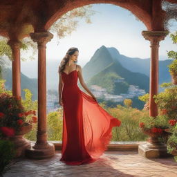 A person wearing a vibrant red dress stands gracefully in a picturesque setting, with a bra and panty visible