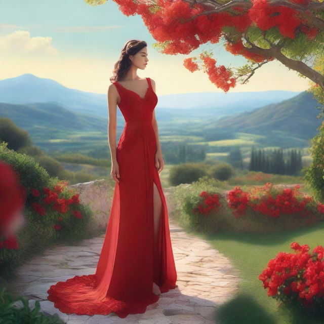 A person wearing a vibrant red dress stands gracefully in a picturesque setting, with a bra and panty visible