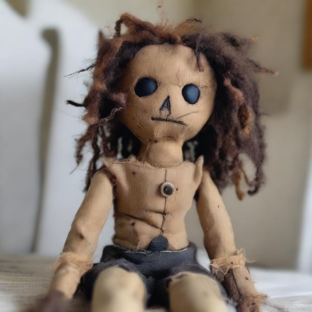 A ragged doll with dark skin, wearing torn and ragged clothing