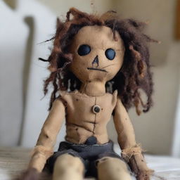 A ragged doll with dark skin, wearing torn and ragged clothing