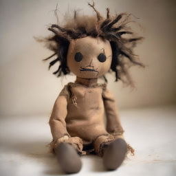 A ragged doll with dark skin, wearing torn and ragged clothing