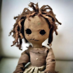 A ragged doll with dark skin, wearing torn and ragged clothing