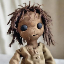 A ragged doll with dark skin, wearing torn and ragged clothing