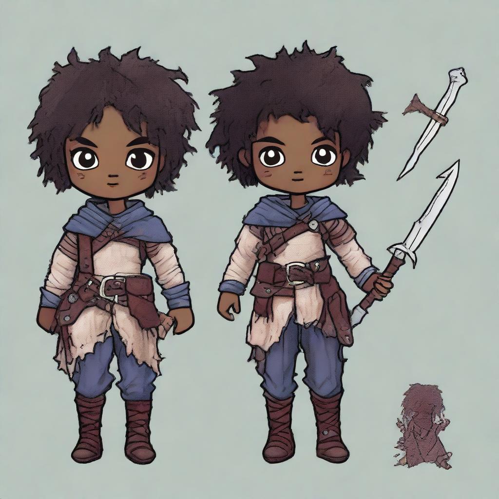 A Dungeons & Dragons themed ragged doll with dark skin, wearing torn and ragged clothing