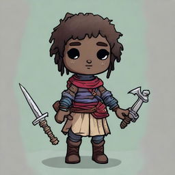 A Dungeons & Dragons themed ragged doll with dark skin, wearing torn and ragged clothing