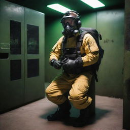 An e-sports player set in a nuclearpunk era, handling radioactive-emitting gaming gear, operating within a bunker-like gaming arena, outfitted in durable, radiation-protective gear.