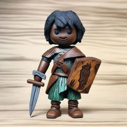 A Dungeons & Dragons themed wooden doll with dark skin, wearing torn and ragged clothing