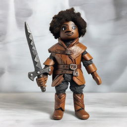 A Dungeons & Dragons themed wooden doll with dark skin, wearing torn and ragged clothing