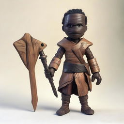 A Dungeons & Dragons themed wooden doll with dark skin, wearing torn and ragged clothing