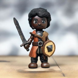 A Dungeons & Dragons themed wooden doll with dark skin, wearing torn and ragged clothing