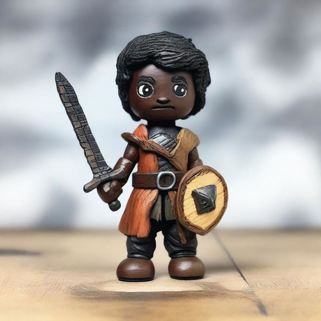 A Dungeons & Dragons themed wooden doll with dark skin, wearing torn and ragged clothing