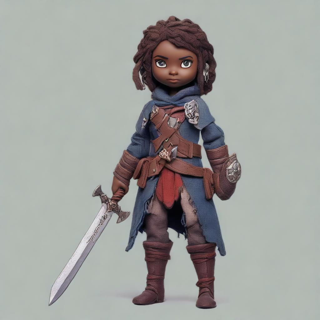 A Dungeons & Dragons themed female doll with dark skin, wearing torn and ragged clothing