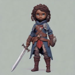 A Dungeons & Dragons themed female doll with dark skin, wearing torn and ragged clothing