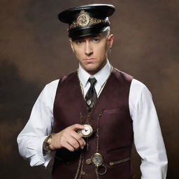 The rapper Eminem reimagined in steampunk attire, donning Victorian-era clothing, a monocle, brass accents and gear-infused accessories, all while maintaining his signature attitude and microphone in hand.