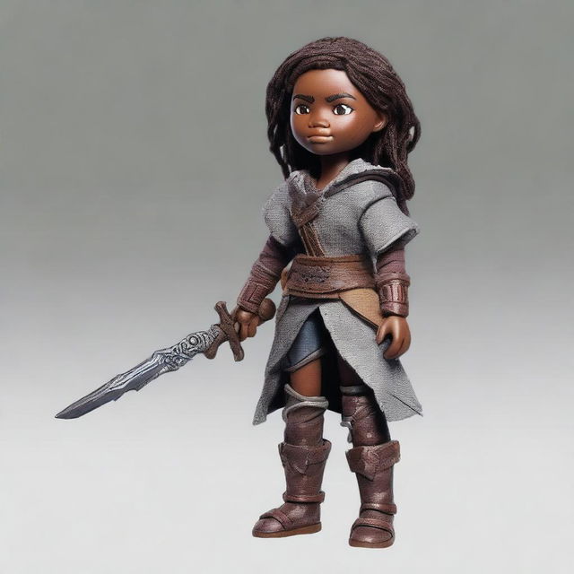 A Dungeons & Dragons themed female doll with dark skin, wearing torn and ragged clothing