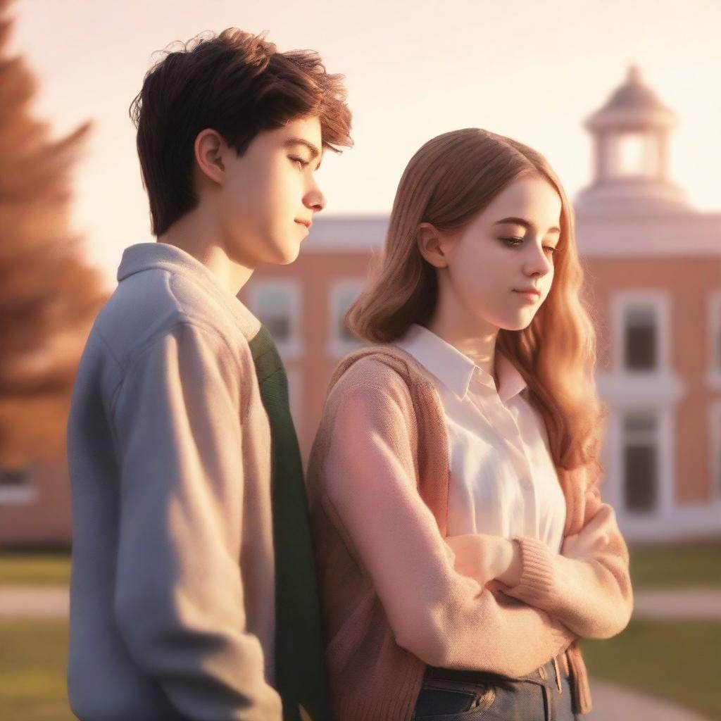 A romantic high school novel cover featuring two teenagers standing close together, holding hands, with a school building in the background